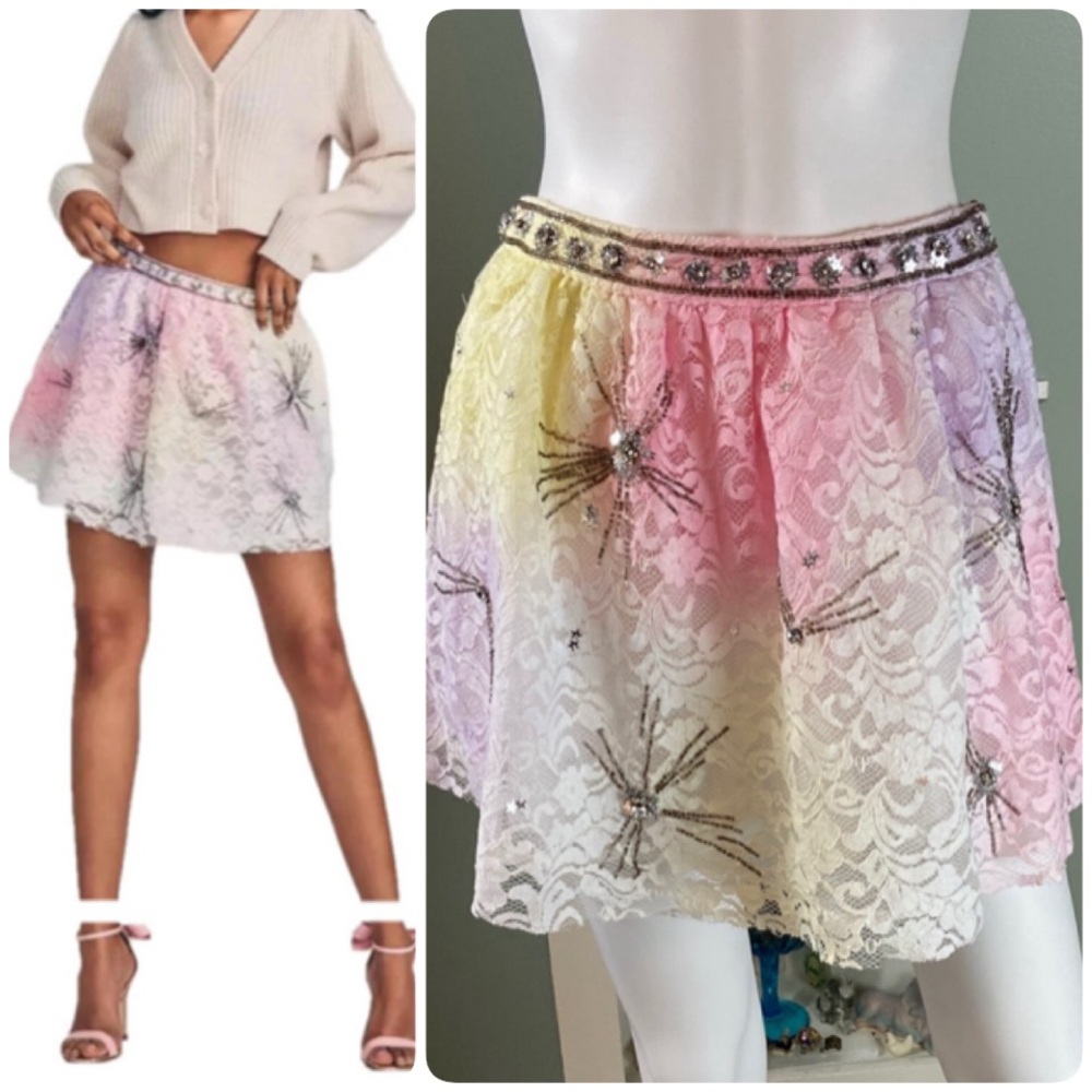 NWT NEW LoveShackFancy KEZIA Tie Dye Sequin Bead Sheer Lace Star Mini Skirt Sz 2